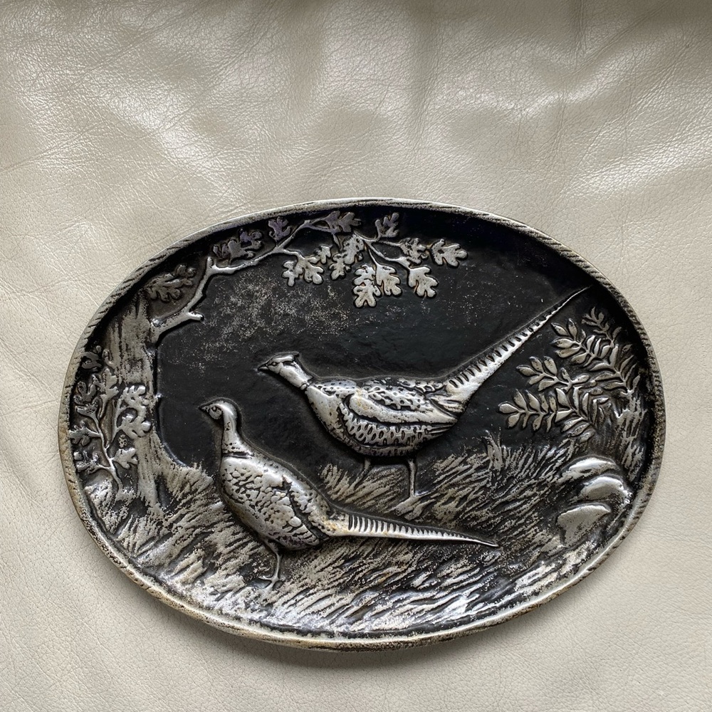 Vtg Wall Hanging Plate Metal Plaque Birds tree Embossed.